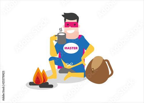Superhero having a break at the campfire