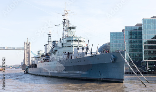 London, United Kingdom - Februari 21, 2019: HMS Belfast battleship moored on the River Thames