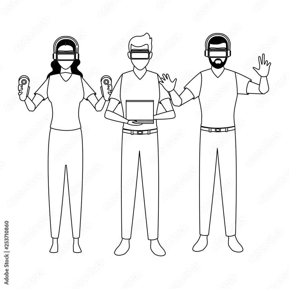 Fototapeta premium People playing with virtual reality in black and white