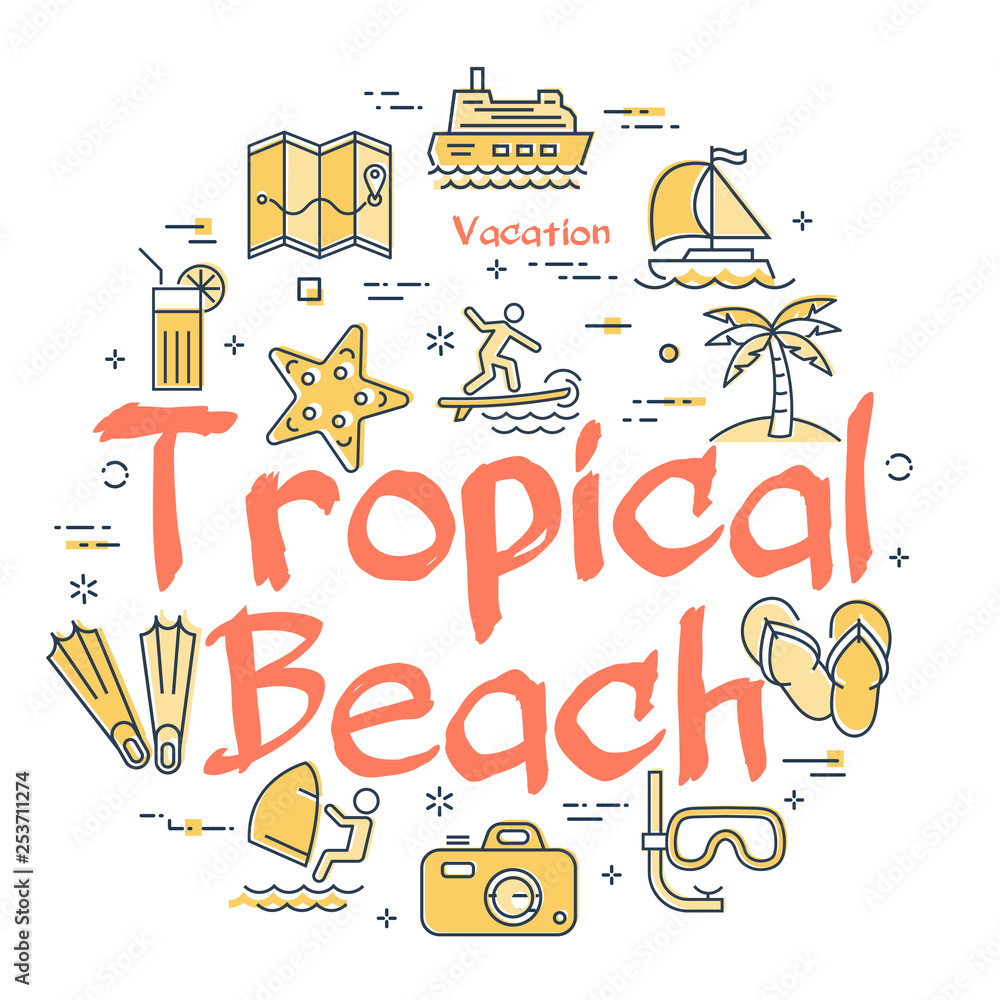 Fototapeta Colorful icons in summer tropical beach theme