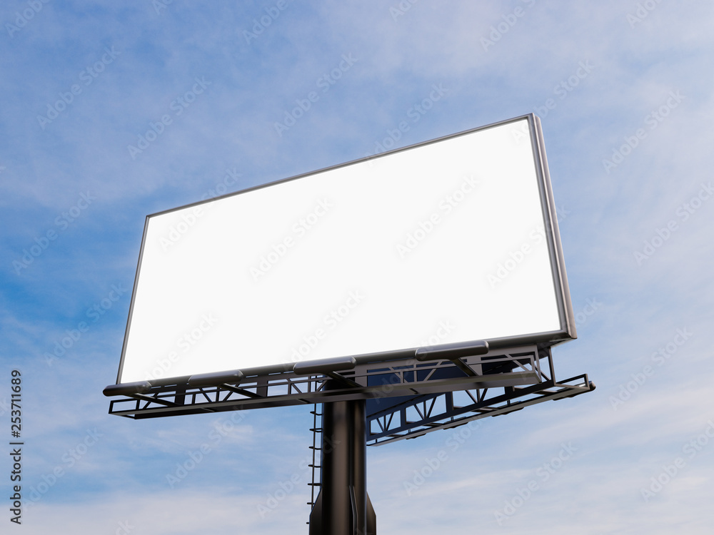 3D rendering of blank billboard (empty advertisement) with clouds. Empty mockup template 3D rendering of blank billboard (empty advertisement) with clouds. Empty mockup template