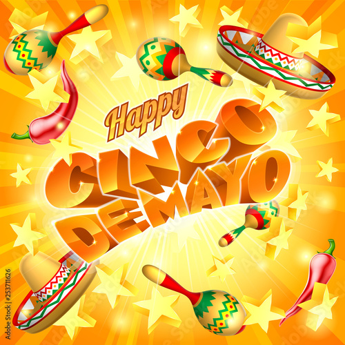 A Cinco de Mayo Mexican holiday party themed background with straw hats maracas and red peppers