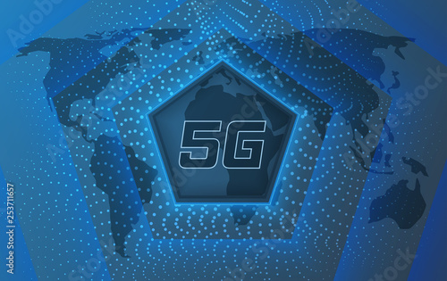 5g symbol and background with dots and a map of the world.