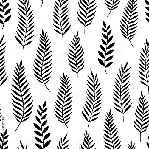 Tropical jungle leaves seamless pattern. Hand drawn vector illustration black on white background. For fashion, textile, web, print, surface design