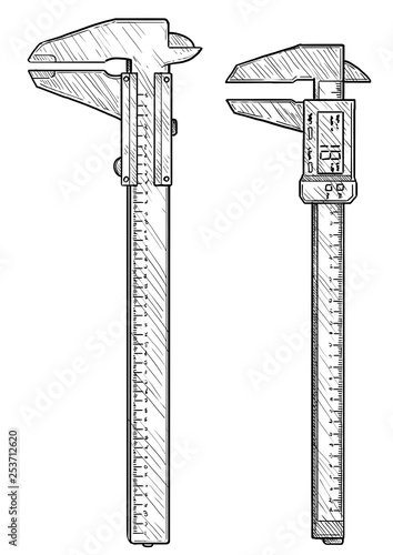 Caliper illustration, drawing, engraving, ink, line art, vector