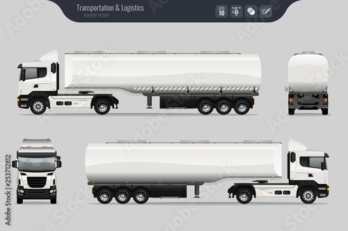 Vector template with detailed fuel tanker truck. Isolated realistic fuel tanker truck grey background. Vector