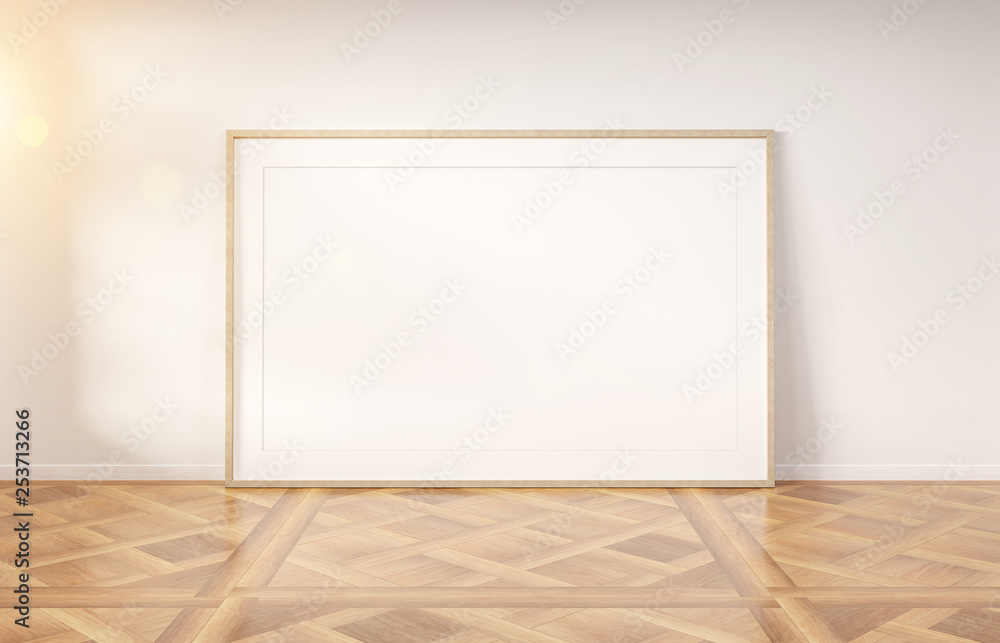 White frame in white interior mockup 3D rendering White frame in white interior mockup 3D rendering