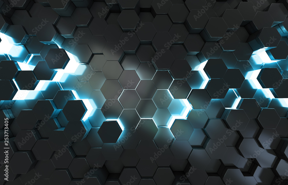 Glowing black blue hexagons background pattern on metal surface 3D rendering