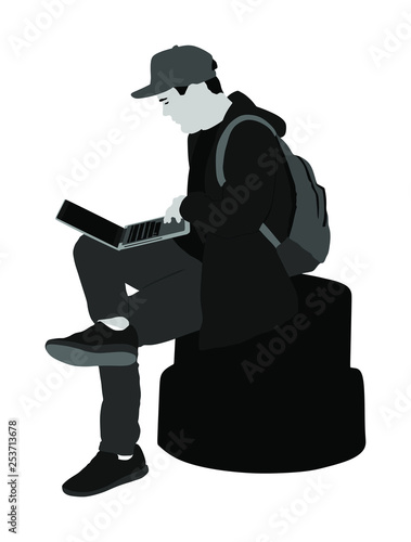 Boy work mining on laptop outdoor vector illustration isolated on white background. Man online hacking social network or private banking account. Teenager with computer in public. Student on brake.