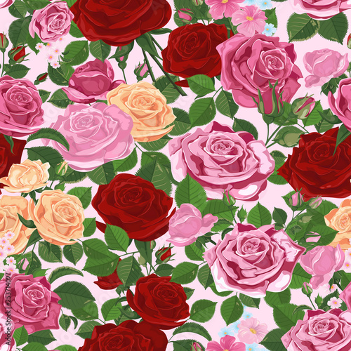 Seamless pattern of floral roses and leaves on a pink background.