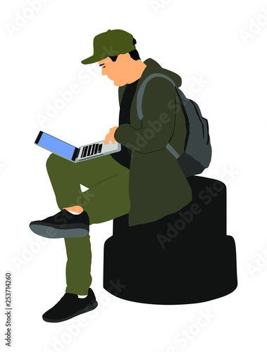Boy work mining on laptop outdoor vector illustration isolated on white background. Man online hacking social network or private banking account. Teenager with computer in public. Student on brake.
