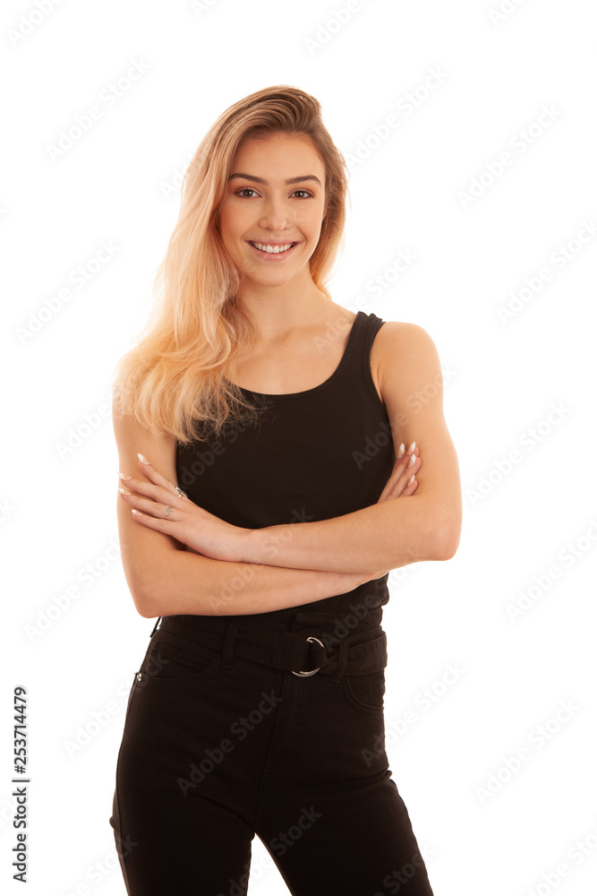 Stylish young woman in black stand isolated over white background and smile Stylish young woman in black stand isolated over white background and smile