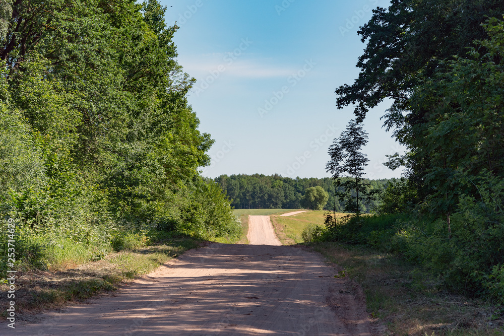 Dusty gravel road in summer afternoon.