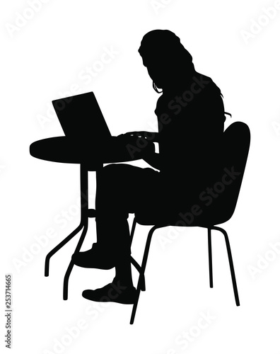 Young urban professional woman working on laptop in city restaurant office vector. Employee looking at computer monitor during working in office. Officer girl sitting and reading news. Lady on laptop