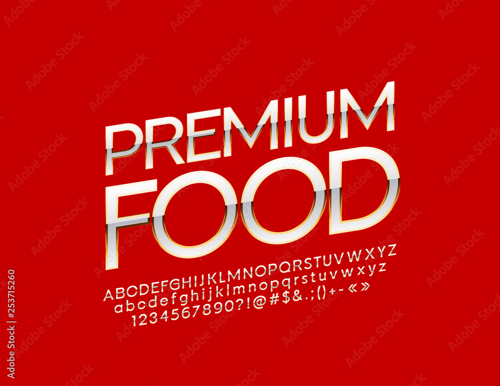 Vector stylish Sign Premium Food. Bright elegant Alphabet Letters, Numbers and Symbols. Chic glossy Font.