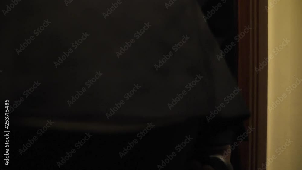 musicians entering an hotel room holding a guitar and a trolly wearing black suit. close shot musicians entering an hotel room holding a guitar and a trolly wearing black suit. close shot