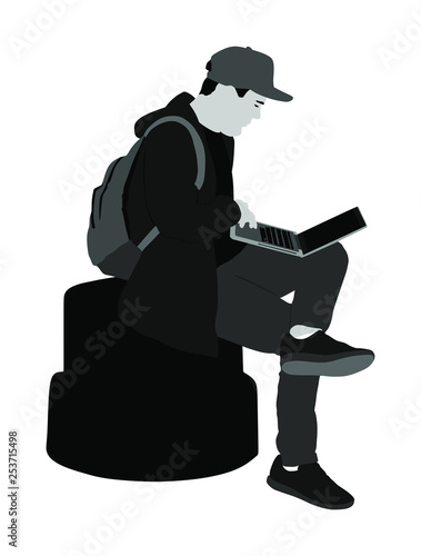 Boy work mining on laptop outdoor vector illustration isolated on white background. Man online hacking social network or private banking account. Teenager with computer in public. Student on brake.