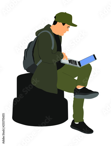 Boy work mining on laptop outdoor vector illustration isolated on white background. Man online hacking social network or private banking account. Teenager with computer in public. Student on brake.