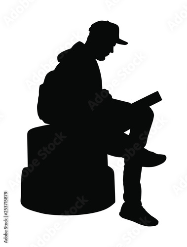 Boy work mining on laptop outdoor vector illustration isolated on white background. Man online hacking social network or private banking account. Teenager with computer in public. Student on brake.