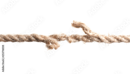 Rupture of cotton rope on white background