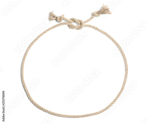 Frame made of cotton rope on white background, top view with space for text