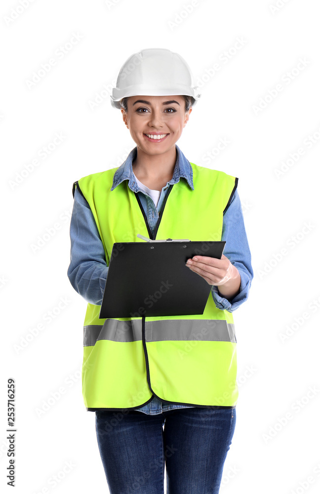 Female industrial engineer in uniform with clipboard on white background. Safety equipment Female industrial engineer in uniform with clipboard on white background. Safety equipment