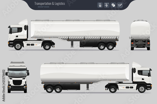 Vector template with detailed fuel tanker truck. Isolated realistic fuel tanker truck grey background. Vector