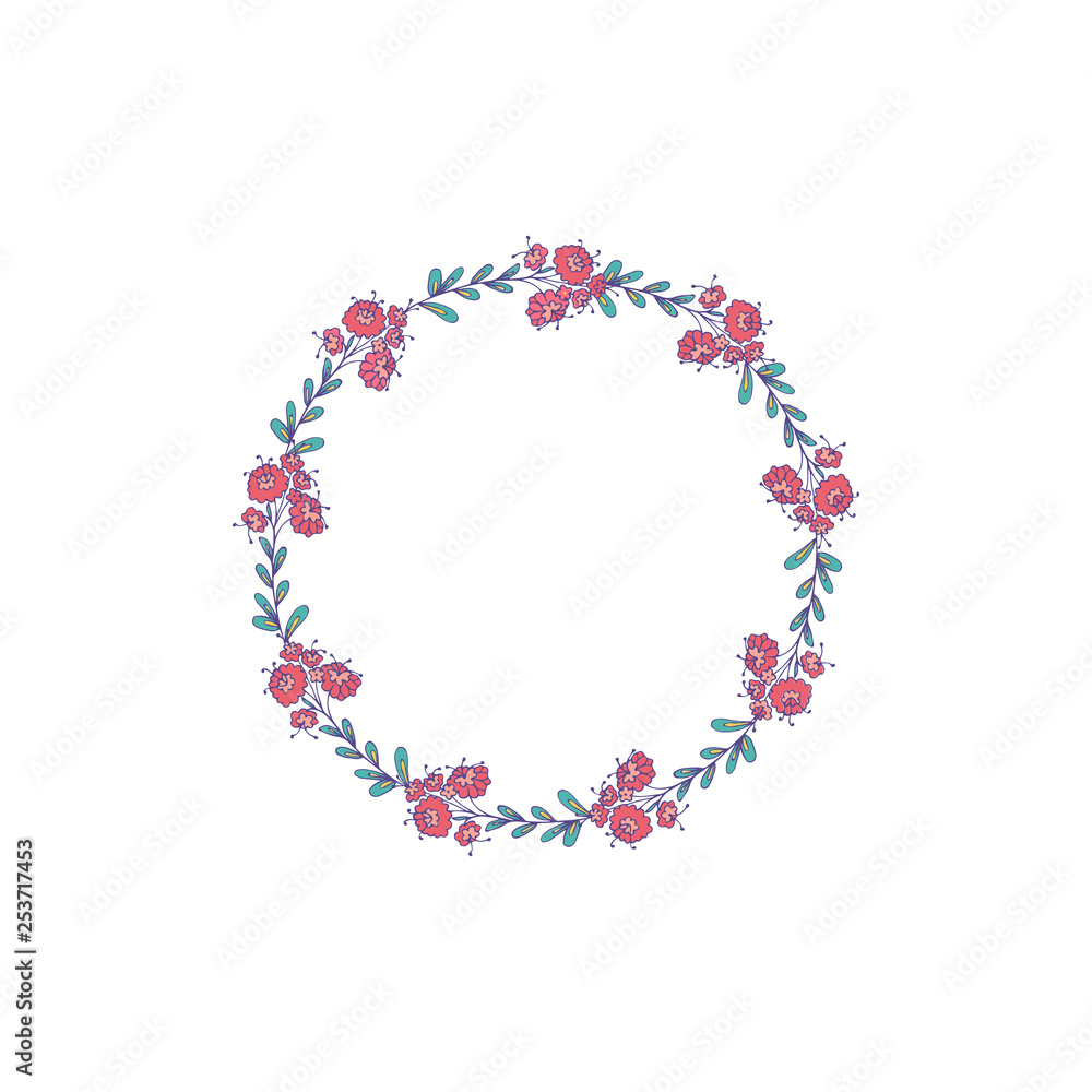Wreath circle frame with flowers and leaves, hand drawn template. Design for invitation, wedding or greeting cards. Vector illustration.