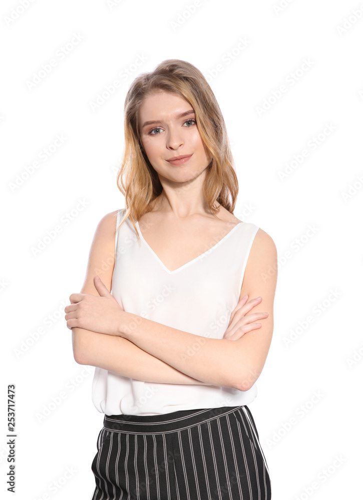 Portrait of beautiful young woman on white background Portrait of beautiful young woman on white background