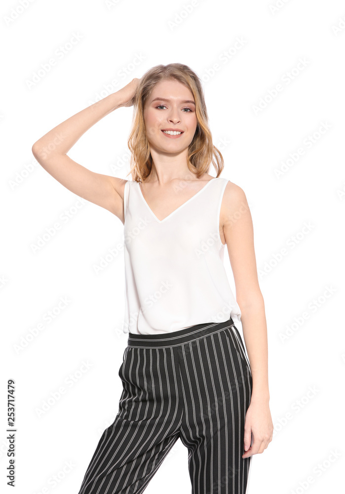 Portrait of beautiful young woman on white background Portrait of beautiful young woman on white background
