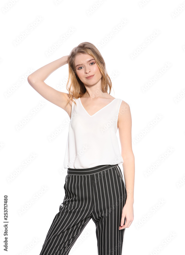 Portrait of beautiful young woman on white background Portrait of beautiful young woman on white background