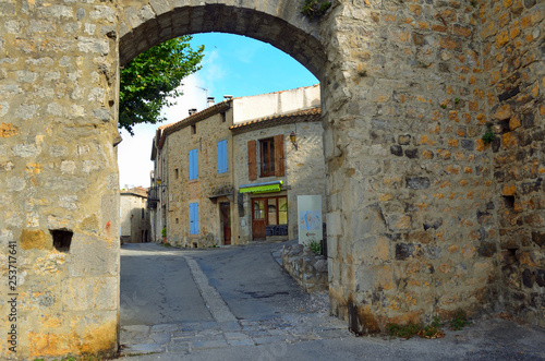 The Water Gate and buildings Lagrasse  Aude  Languedoc France.