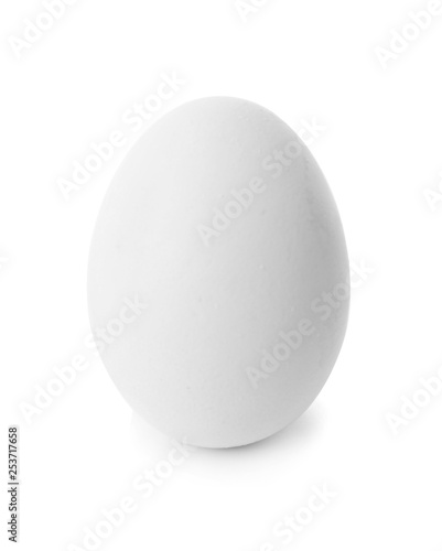 One chicken egg on white background, closeup