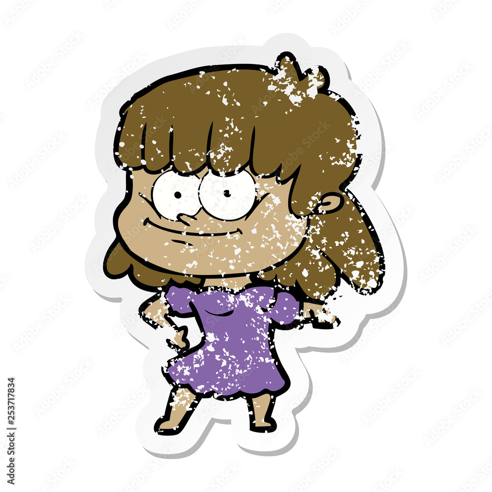 distressed sticker of a cartoon smiling woman distressed sticker of a cartoon smiling woman