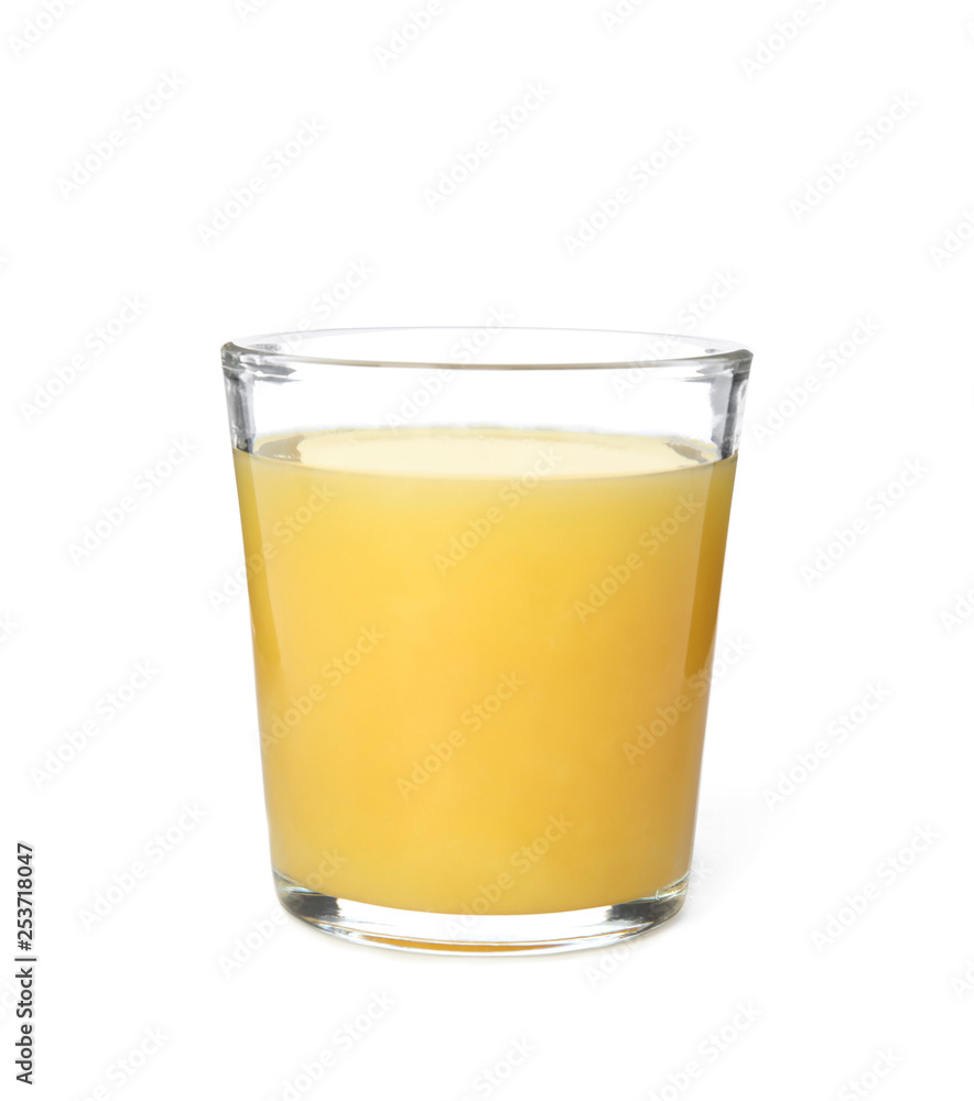 Glass of orange juice on white background