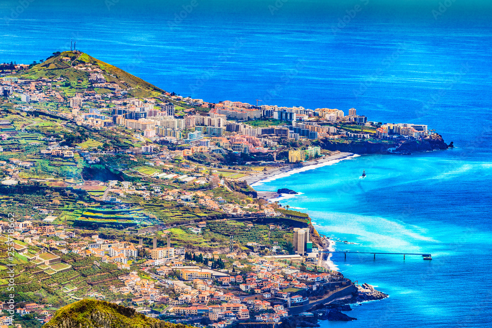 Fototapeta premium Cityscape panorama of Camara de Lobos. Aerial view from the highest Cabo Girao, Madeira island, Portugal