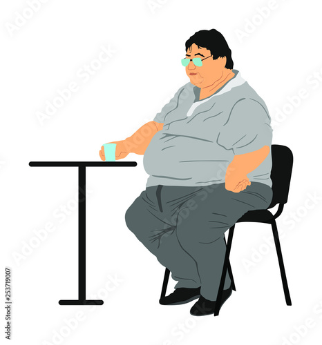 Fat man sitting and drinking in fast food restaurant. Worry about health. Overweight person trouble. Big boy think about food calorie vector. Difficulties in moving. Breathless sweaty man need break.