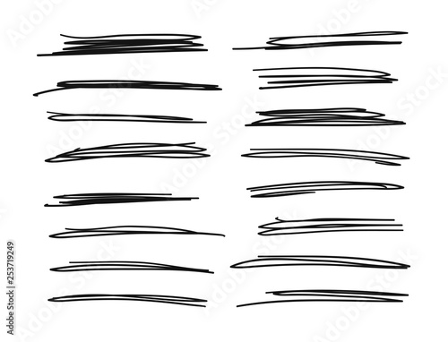 Hand drawn set of objects for design use. Black Vector doodle crossed out lines on white background.  Abstract pencil drawing stripes. Artistic illustration grunge elements strokes photo