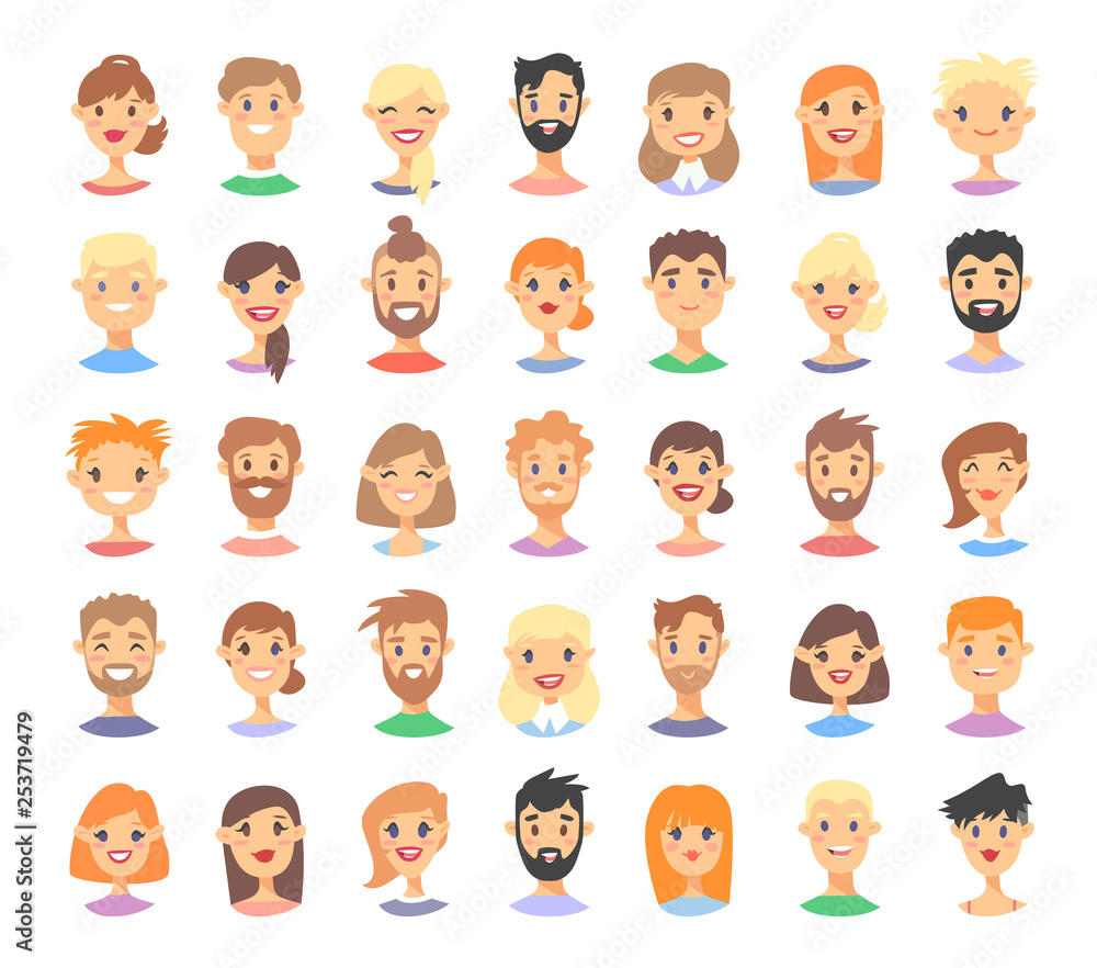 Set of caucasian male and female characters. Cartoon style european or american people icons. Set of caucasian male and female characters. Cartoon style european or american people icons.