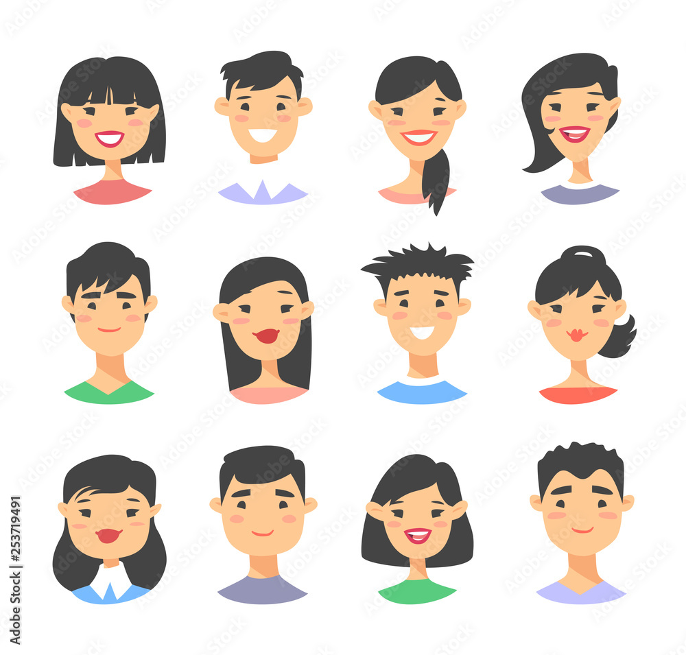 Set of asian male and female characters. Cartoon style people icons. Isolated guys avatars. Flat illustration men and women faces. Hand drawn vector drawing girls and boys portraits Set of asian male and female characters. Cartoon style people icons. Isolated guys avatars. Flat illustration men and women faces. Hand drawn vector drawing girls and boys portraits