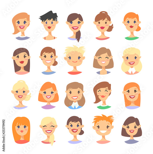 Set of caucasian female characters. Cartoon style european or american people icons. Isolated guys avatars. Flat illustration women faces. Hand drawn vector drawing girls portraits