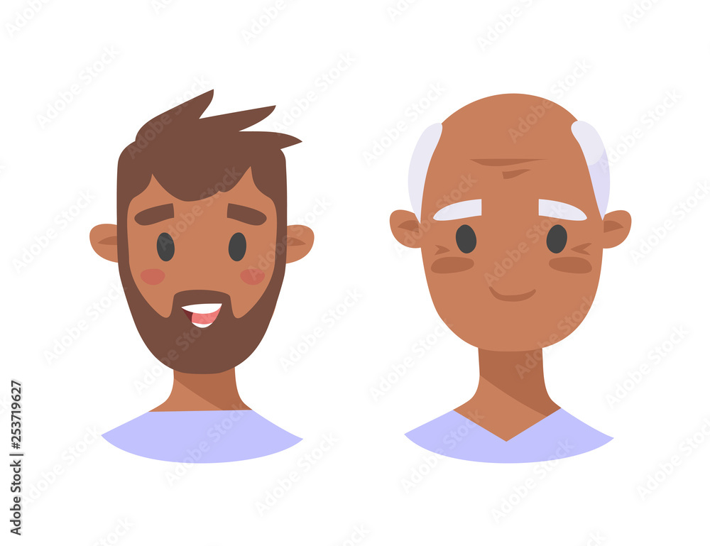 Set of african american male characters. Cartoon style elderly and young people icons. Isolated guys avatars. Flat illustration men faces. Hand drawn vector drawing portraits before and after Set of african american male characters. Cartoon style elderly and young people icons. Isolated guys avatars. Flat illustration men faces. Hand drawn vector drawing portraits before and after