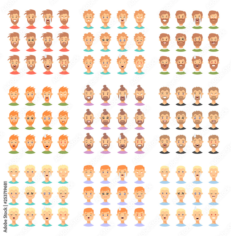 Set of male emoji characters. Cartoon style emotion icons. Isolated caucasian boys avatars with different facial expressions. Flat illustration men emotional faces. Hand drawn vector drawing emoticon