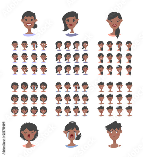 Set of female emoji characters. Cartoon style emotion icons. African american girls avatars with different facial expressions. Flat illustration women emotional faces. Hand drawn vector drawing emotic photo