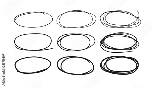 Hand drawn set of objects for design use. Black Vector doodle ellipses on white background. Abstract pencil drawing. Artistic illustration grunge elements