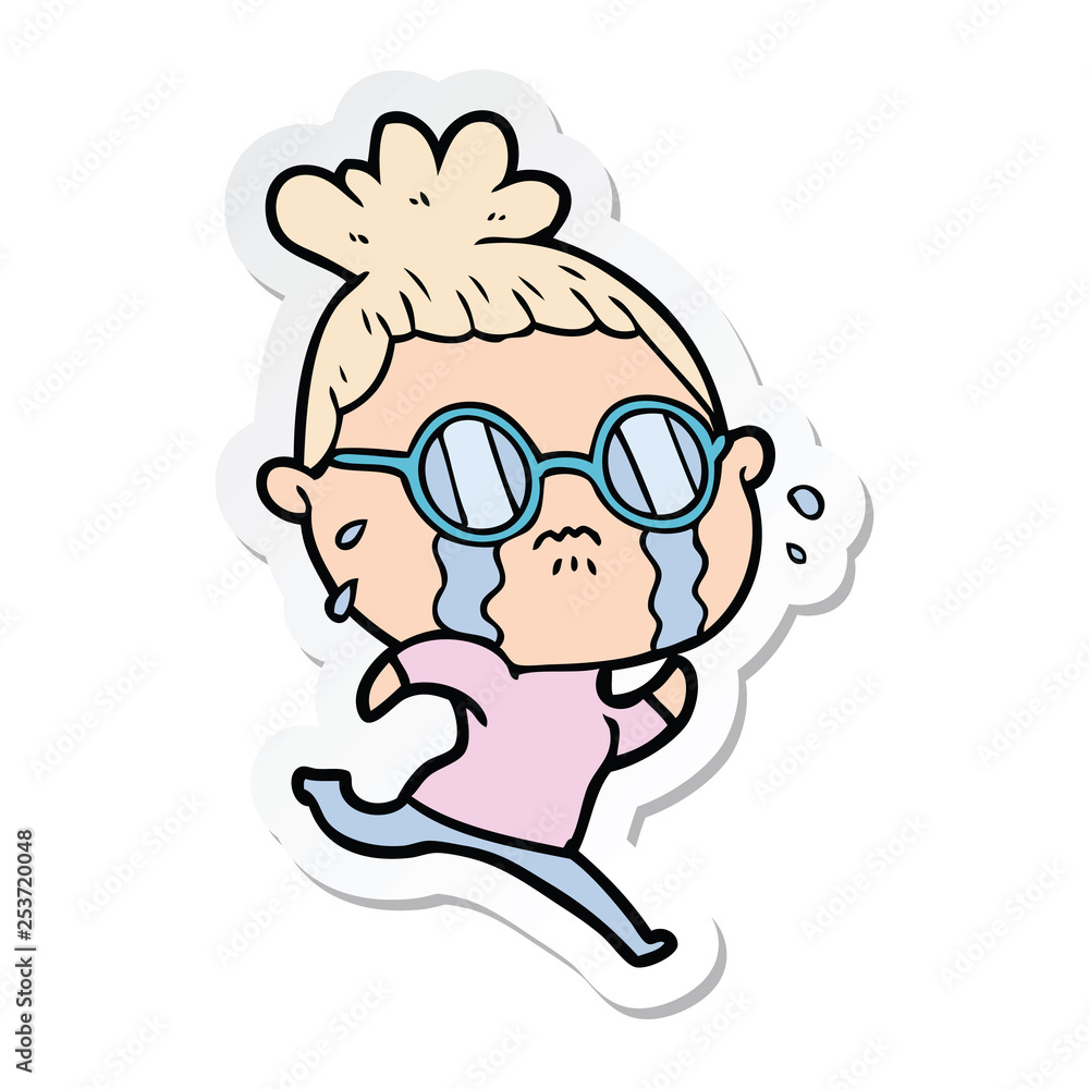 sticker of a cartoon crying woman wearing spectacles sticker of a cartoon crying woman wearing spectacles