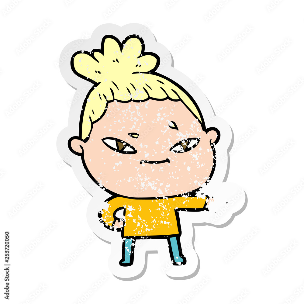 distressed sticker of a cartoon woman distressed sticker of a cartoon woman