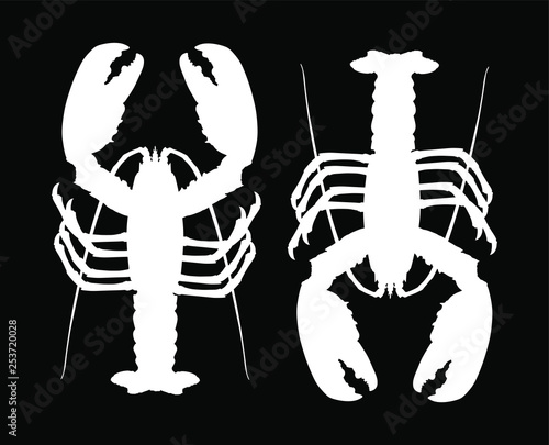 Lobster vector silhouette isolated on black background. Crayfish or Shellfish symbol. Seafood sign for restaurant. Fresh dinner. 