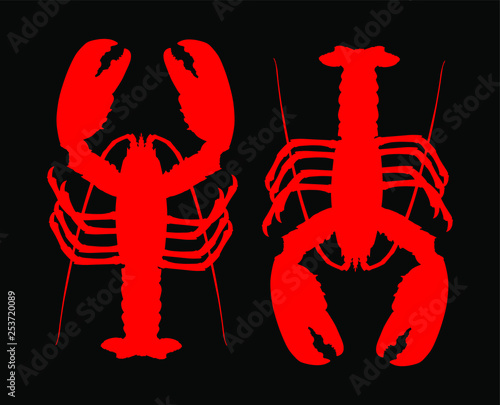 Red lobster vector silhouette isolated on black background. Crayfish or Shellfish symbol. Seafood sign for restaurant. Fresh dinner. 