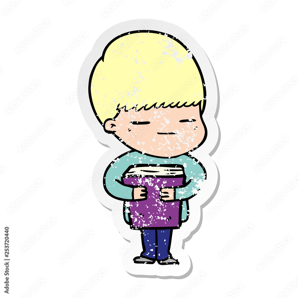 distressed sticker of a cartoon smug boy distressed sticker of a cartoon smug boy